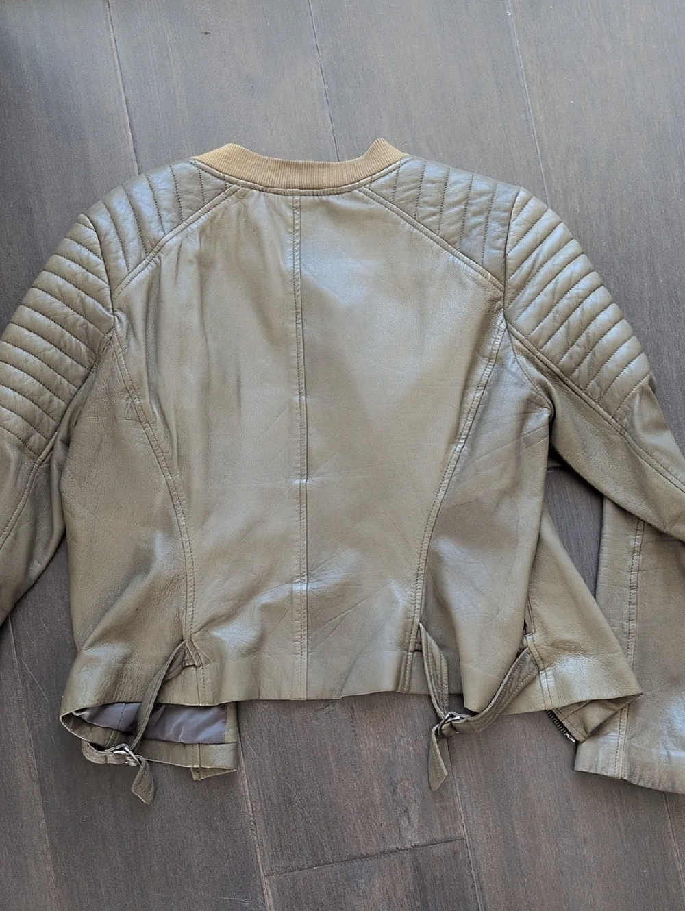 Vintage Trina Turk Olive Quilted-Shoulder Leather Moto Jacket - Picture 8 of 8